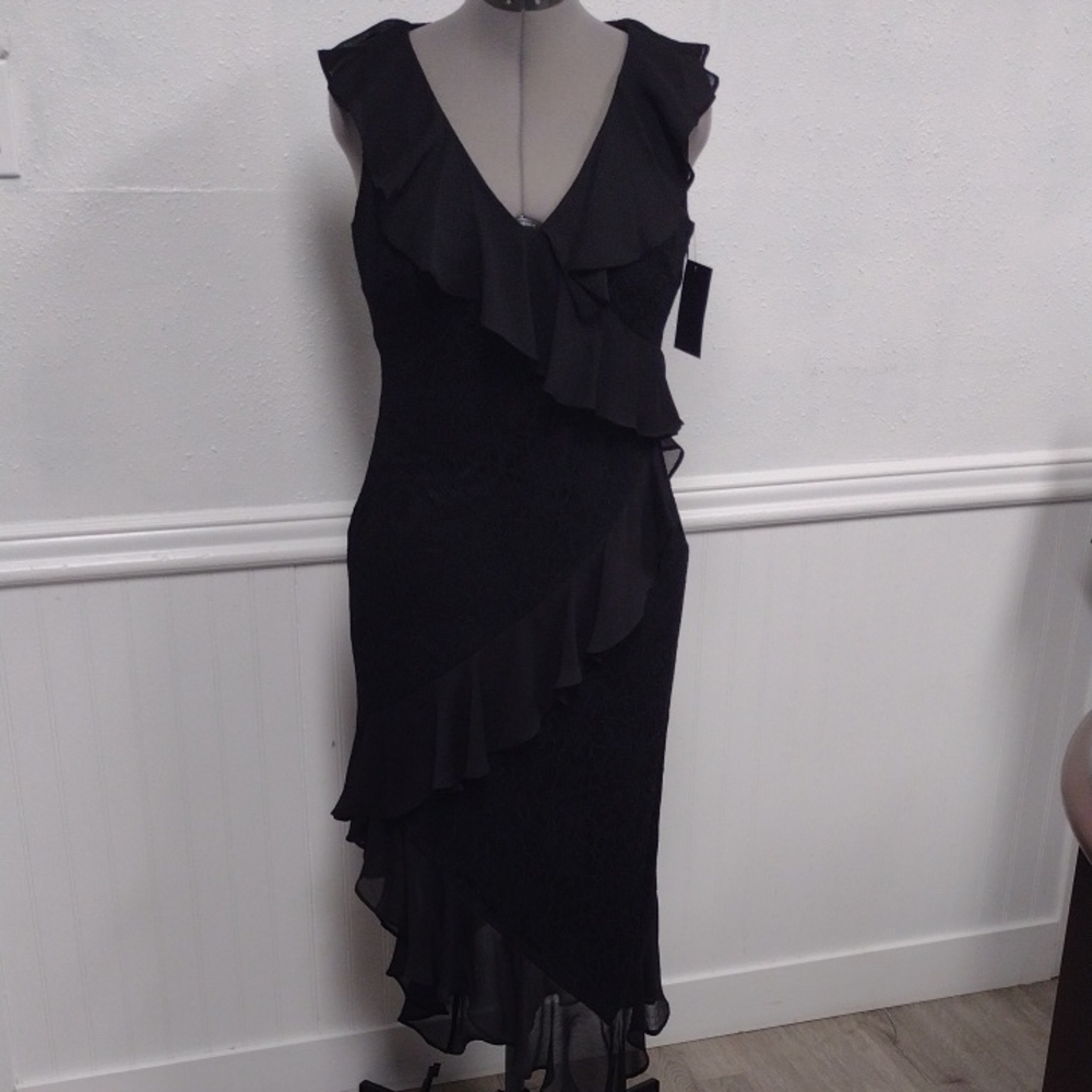 NEW Tommy Hilfiger Lace Black Ruffle V-Neck Midi Dress